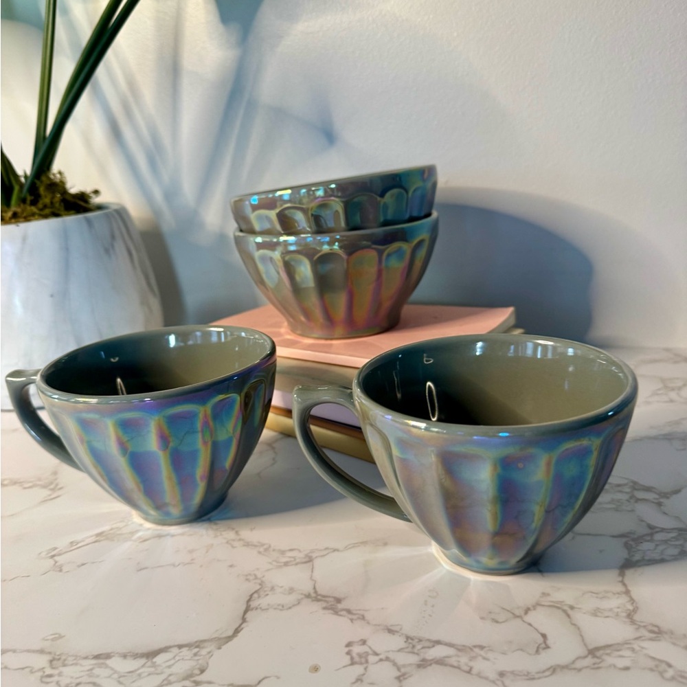 Anthropologie Luster Iridescent Latte Mug and Bowl Set - Gray